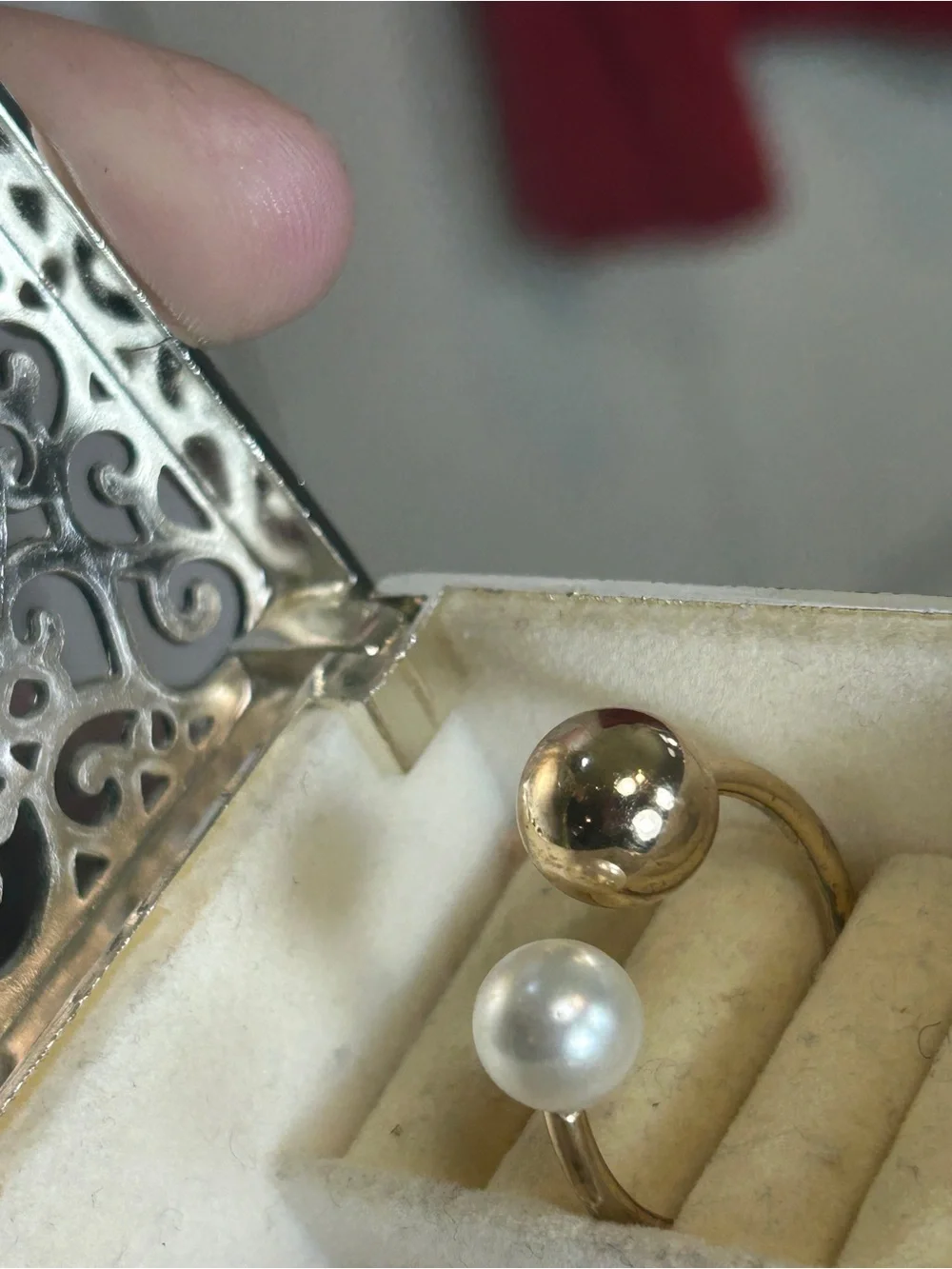 Gold Open Band Ring with White Pearl Accent